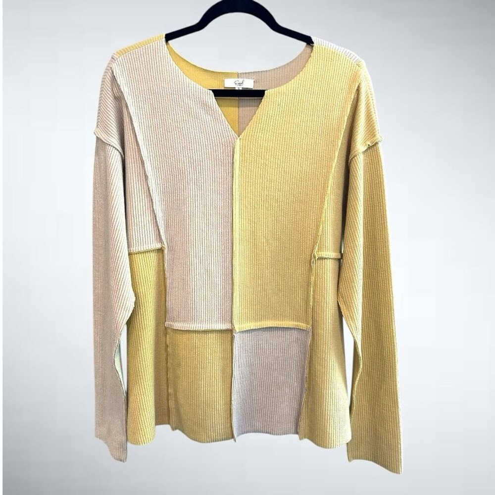 Size S Easel Color Block Rib Knit Tunic Top Yellow/Beige Cream